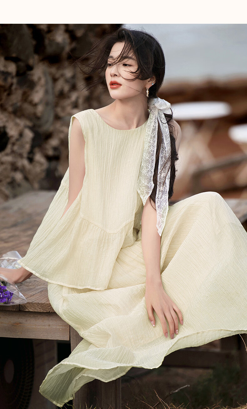 Demana [with Natural Wind Linen] Summer Design Patchwork False Two-Piece Sleeveless Off-Shoulder Waterdrop Button Cake Dress 13