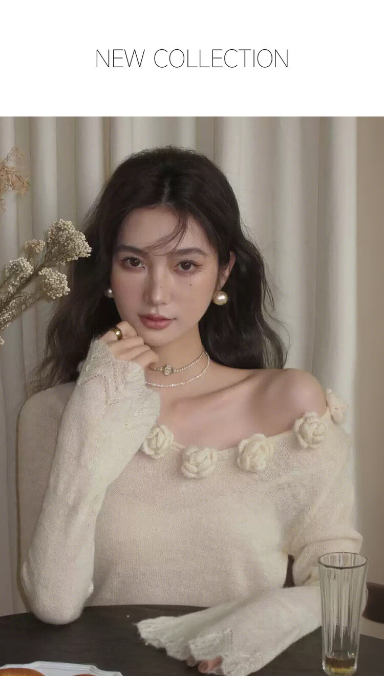 MT Spring Sweet 3D Crochet V-Neck Knit Sweater with Fluffy Wool, Slim Fit Women's Top 1