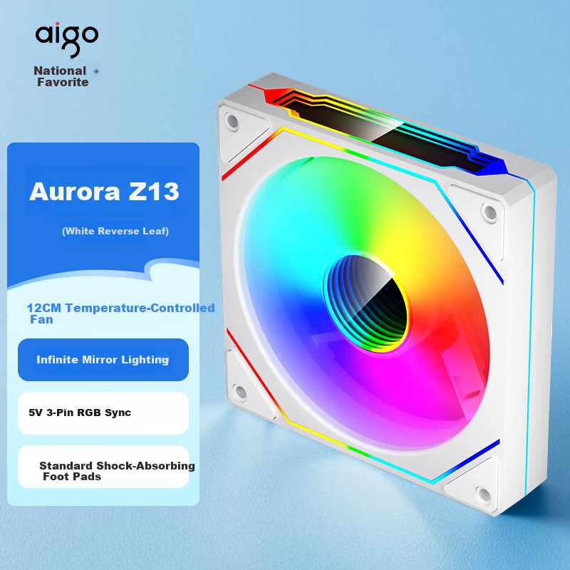 Aigo Aurora Z13 White Reverse Blade ARGB 5V 3-Pin Motherboard Sync 12CM PWM Temperature Control Computer Case Fan Infinite Mirror