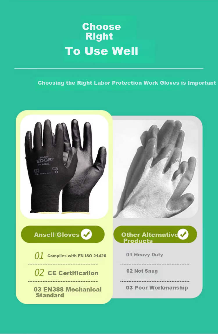 Ansell Protective Gloves, Non-Slip, Wear-Resistant, for Mechanical Processing And Handling, PU Coated, Tear-Resistant, Safety Work Gloves, 48-126 (5 Pairs), 9/L 3