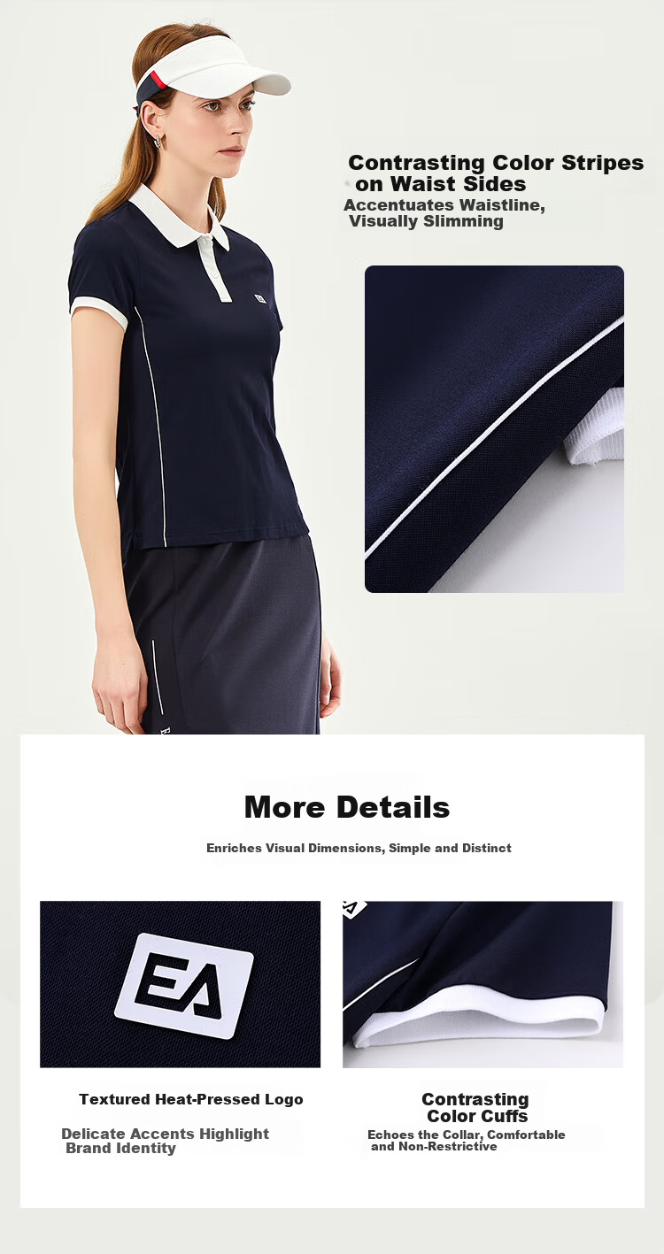 ELLE ACTIVE Fashion Slimming Color-Block Polo Shirt for Women Summer Short Sleeve Slim Fit Sports Casual Top Blue M 3