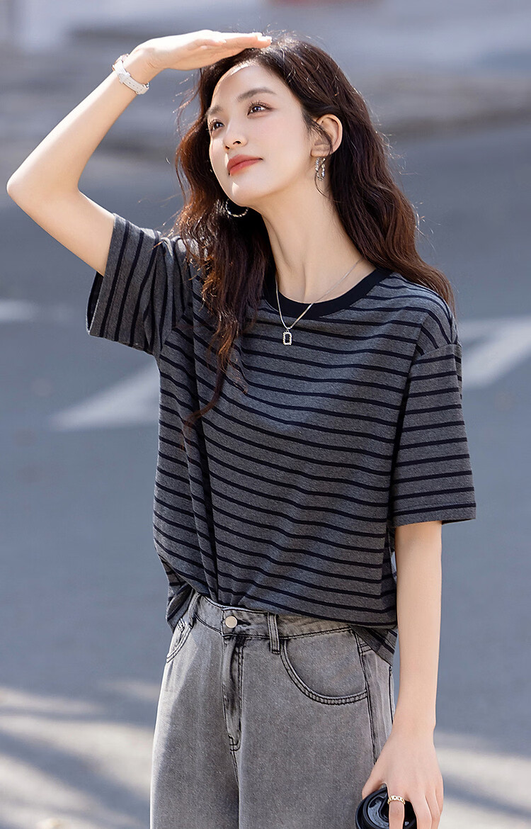 Demana [Sunshine Cotton] Summer Color-Block Crew Neck Five-Sleeve Base Shirt Loose Comfortable Women's T-Shirt for Petite 10