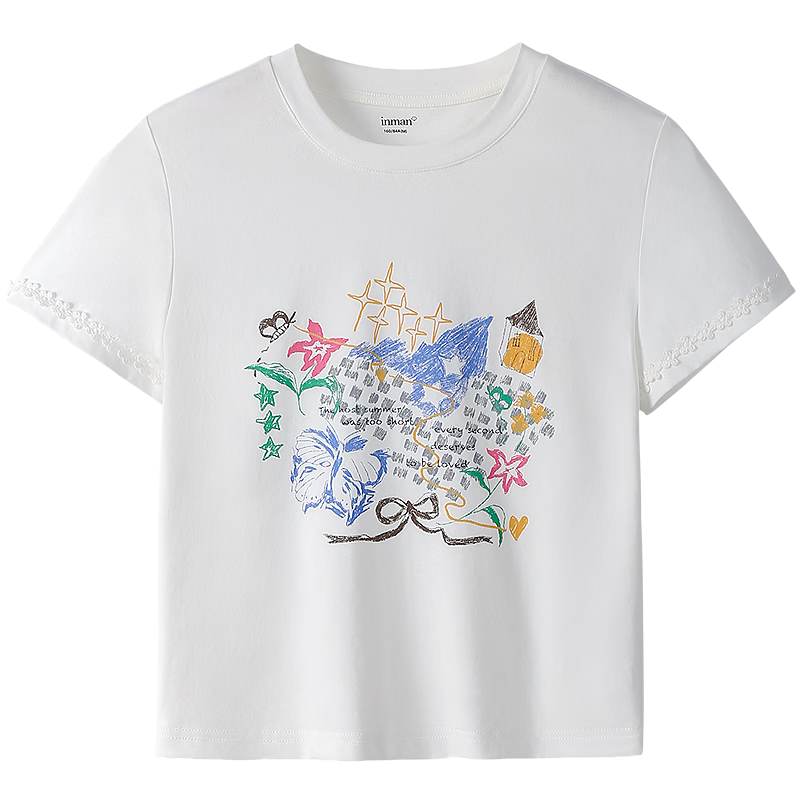 INMAN White Printed Shoulder Short Sleeve T-Shirt 2026 Summer Women's New Round Neck Lace Slim Top Pearl White M