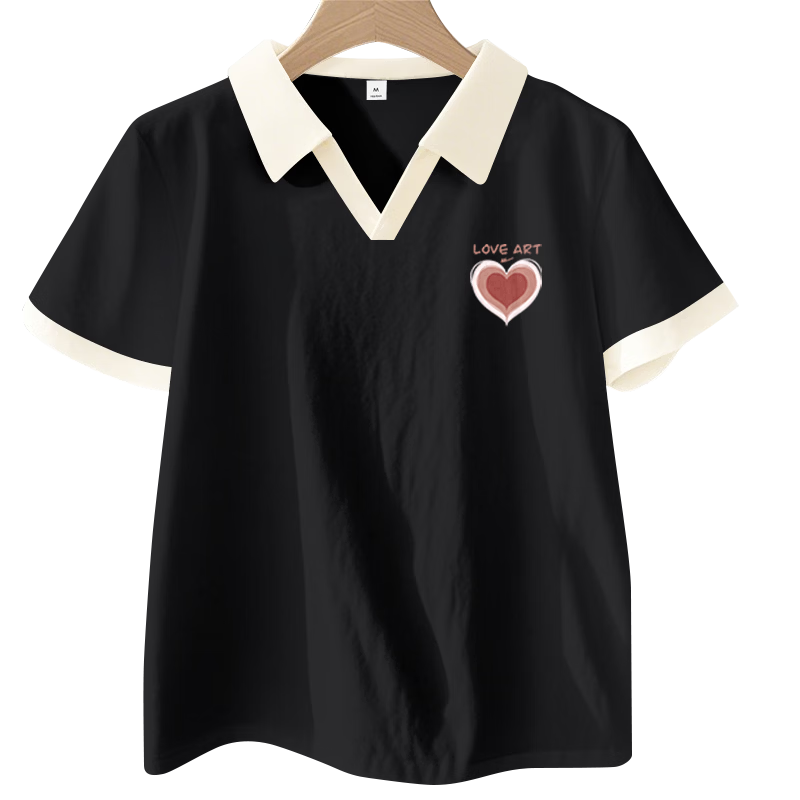 Warrior Summer Contrast Color Cotton Short Sleeve T-Shirt Women 2026 New Loose Fit High-Quality Polo Collar Top