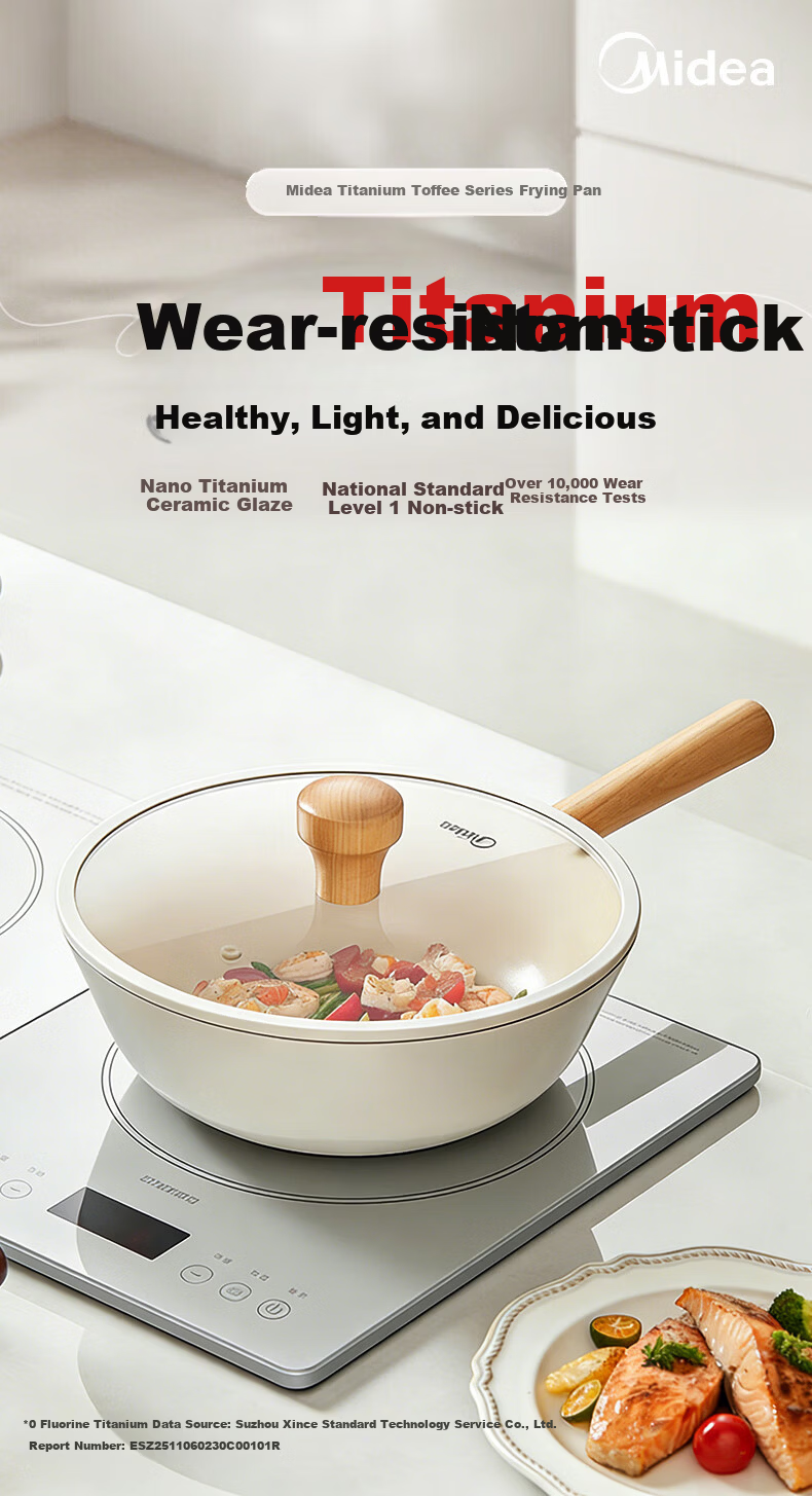 Midea Non-Stick Titanium Ceramic Frying Pan for Home Cooking, Low Oil Smoke, Compatible with Gas Stove and Induction Cooker 1