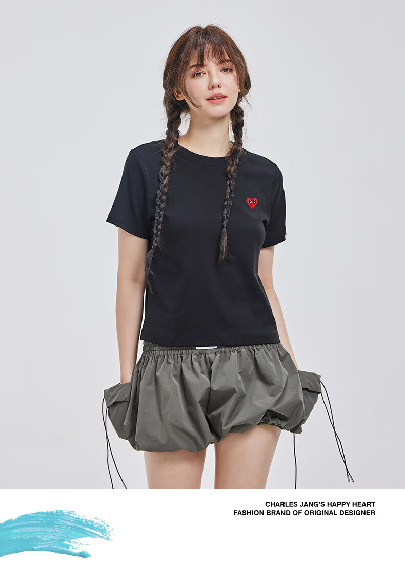 Charles Peach Heart Summer Simple Small Heart Logo Women's Slim Fit Short Sleeve T-Shirt Casual Versatile White F 4