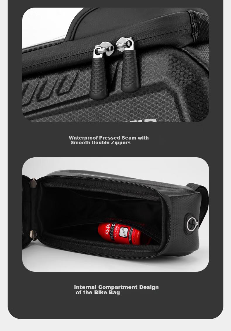 TOSUOD Bicycle Hard Shell Front Tube Bag Mountain Bike Phone Tool Storage Bag Riding Gear Black 9