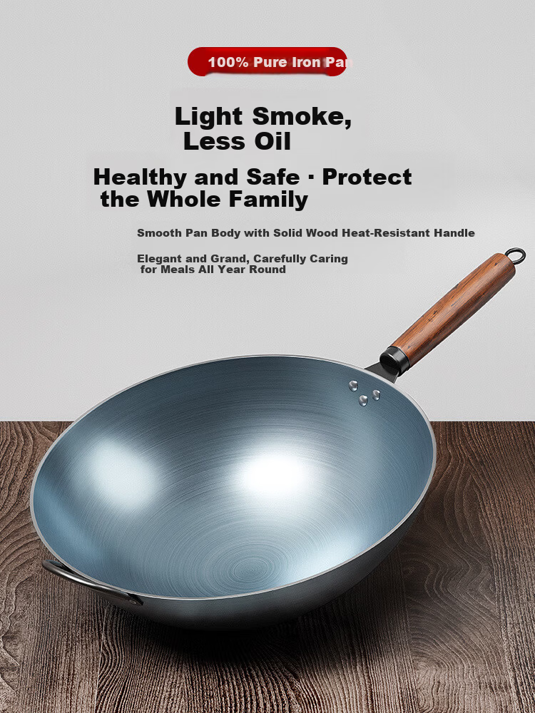 Deming 34CM Carbon Steel Wok Non-Coated Gas Stove Round Bottom Stir-Fry Pan for Home Cooking 8