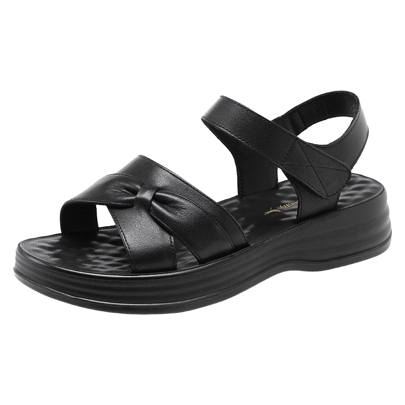 Red Dragonfly Women's Leather Velcro Sandals Soft Sole Wear-Resistant Casual Middle-Aged and Elderly Sandals WTK264921 Black Size 37