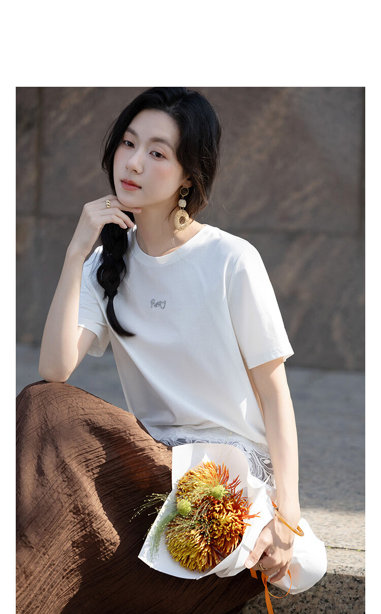 Demana [Qinshuang Solona] Summer Simple Style Rhinestone Lace Trim Letter Slim Fit T-Shirt for Women Premium Feel 11