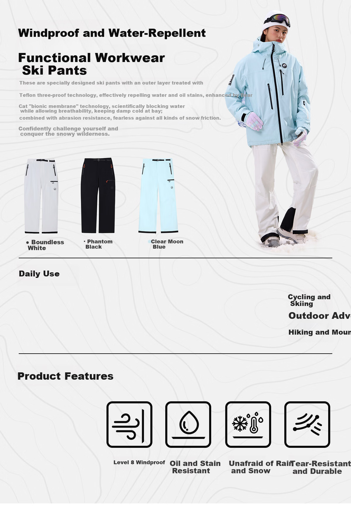 Panda Camel Series Three-Proof Single-Board Ski Pants Unisex Windproof Water-Repellent Straight-Leg Wide-Leg Outdoor Pants 8652 Black, M 2