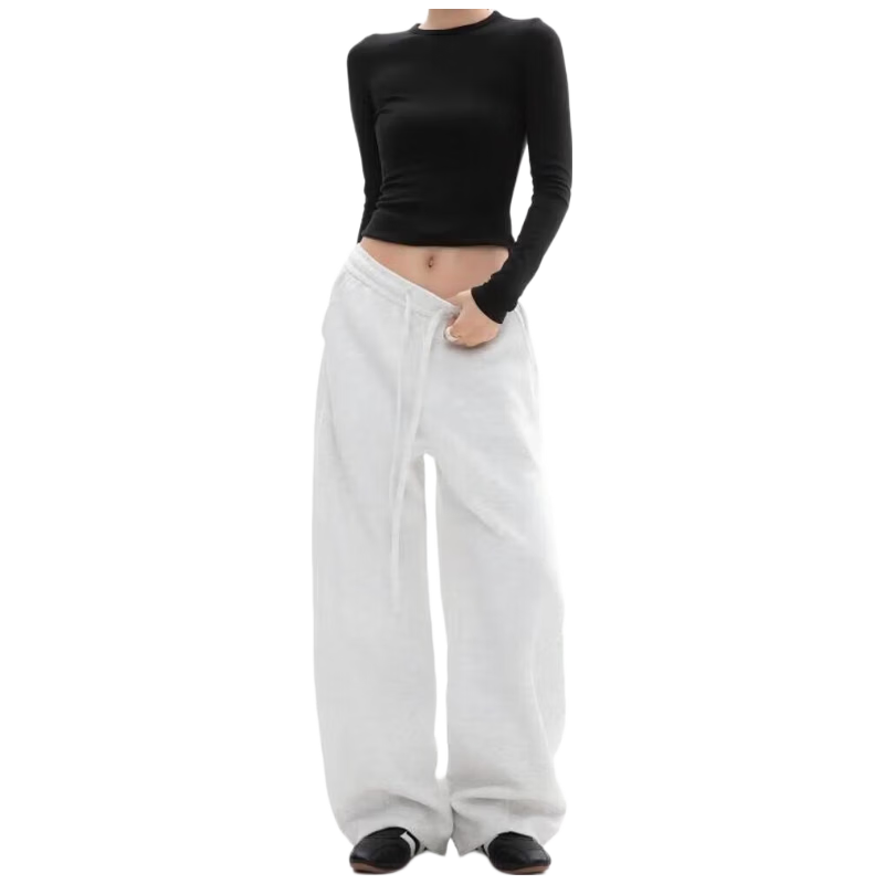 ICH MODE Women's American Style Casual Pants Spring Autumn New Sports Sweatpants Loose Straight Wide-Leg Pants White Flower Gray S