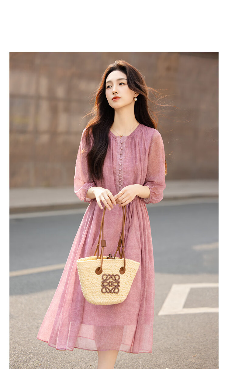 Demana Misty Rose Summer Elegant Printed Tie-Waist Six-Sleeve Flowing Slim A-Line Dress for Women Premium Feel 11