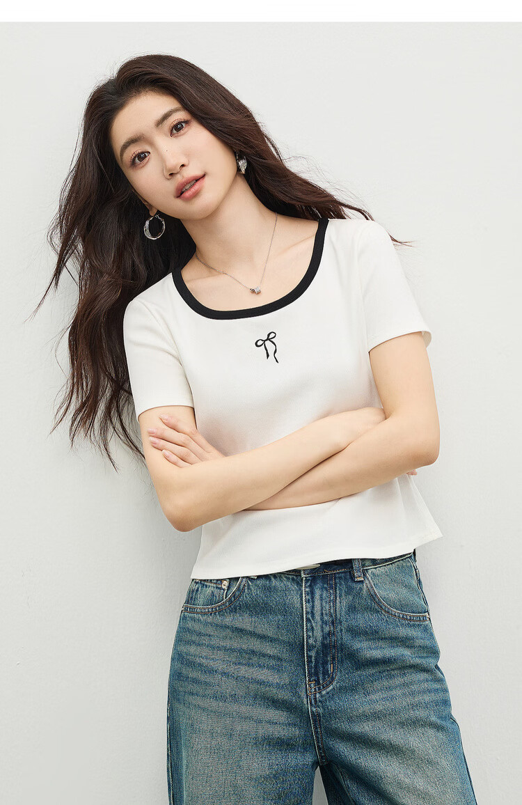 Shangdu Bila Colorblock U-Neck Cotton Blend T-Shirt Women Spring Bow Embroidery Stretch Knit Top Gentle Youthful Temperament Layering 15