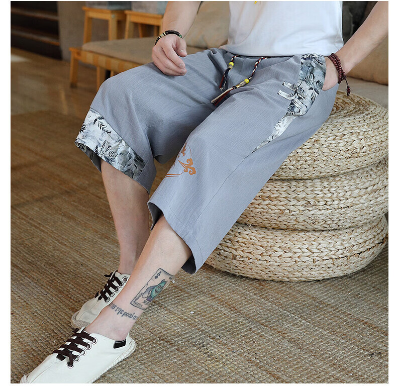 Songxier Chinese Style Men's Summer Thin Seven-Point Shorts New Chinese Style Ice Silk Cool National Trend Loose Casual Harem Pants 9