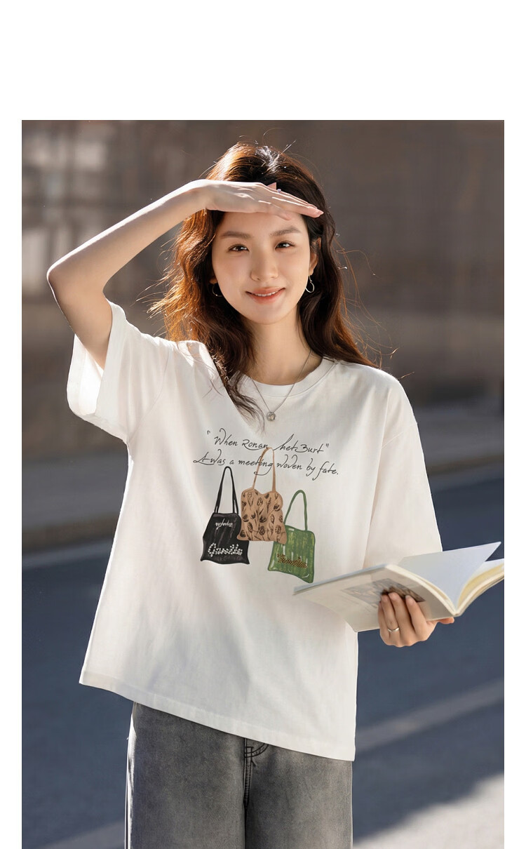 Demana [Soft Elastic Cotton Amine] Summer Korean Style Casual Printed Beaded Embroidered Round Neck Short Sleeve Loose Slim Women's T-Shirt 11