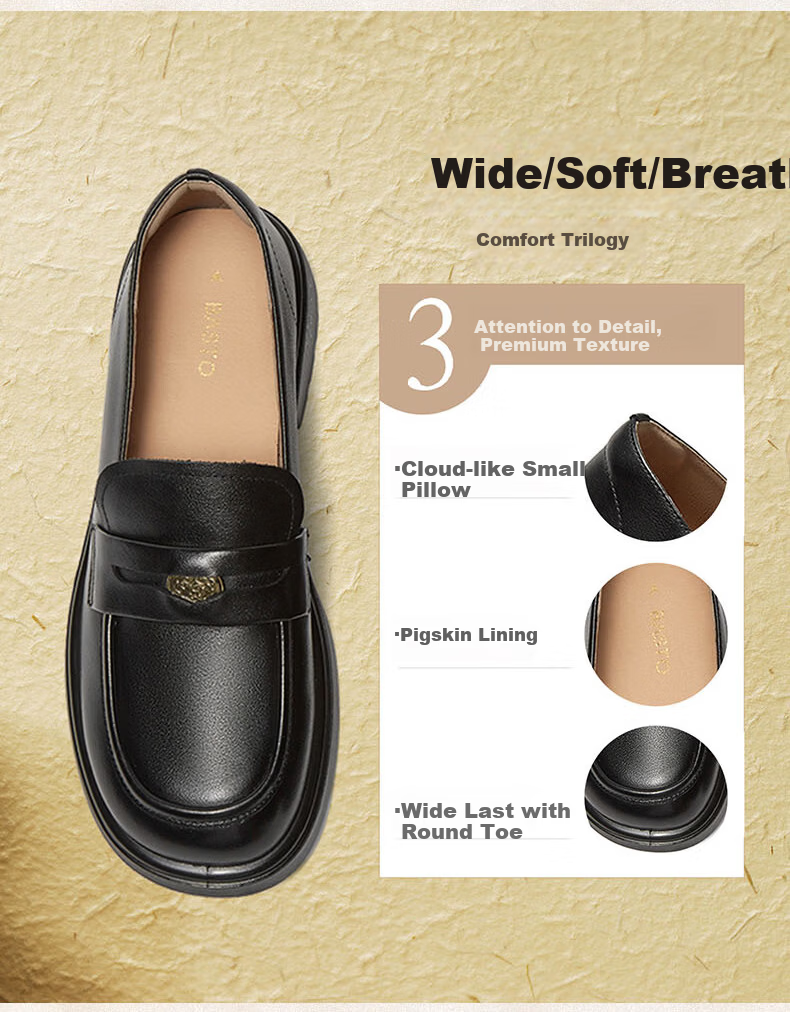 Basto Mall Same Style [Genuine Leather] College Style Loafers Chunky Heel Women's Shoes Black Size 35 4