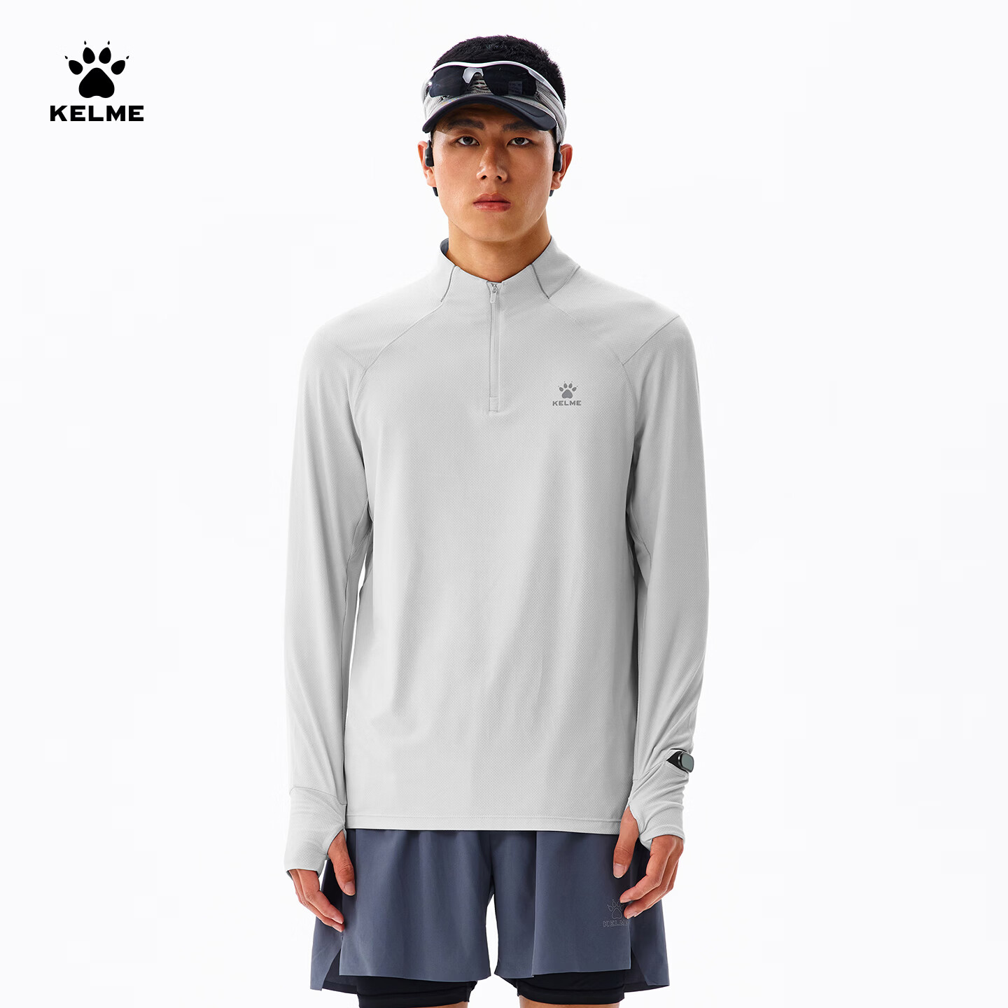 KELME Men's 2.0 Sun Protection Long Sleeve Running Quick-Dry Half-Zip Lightweight Sports T-Shirt Light Gray 2XL
