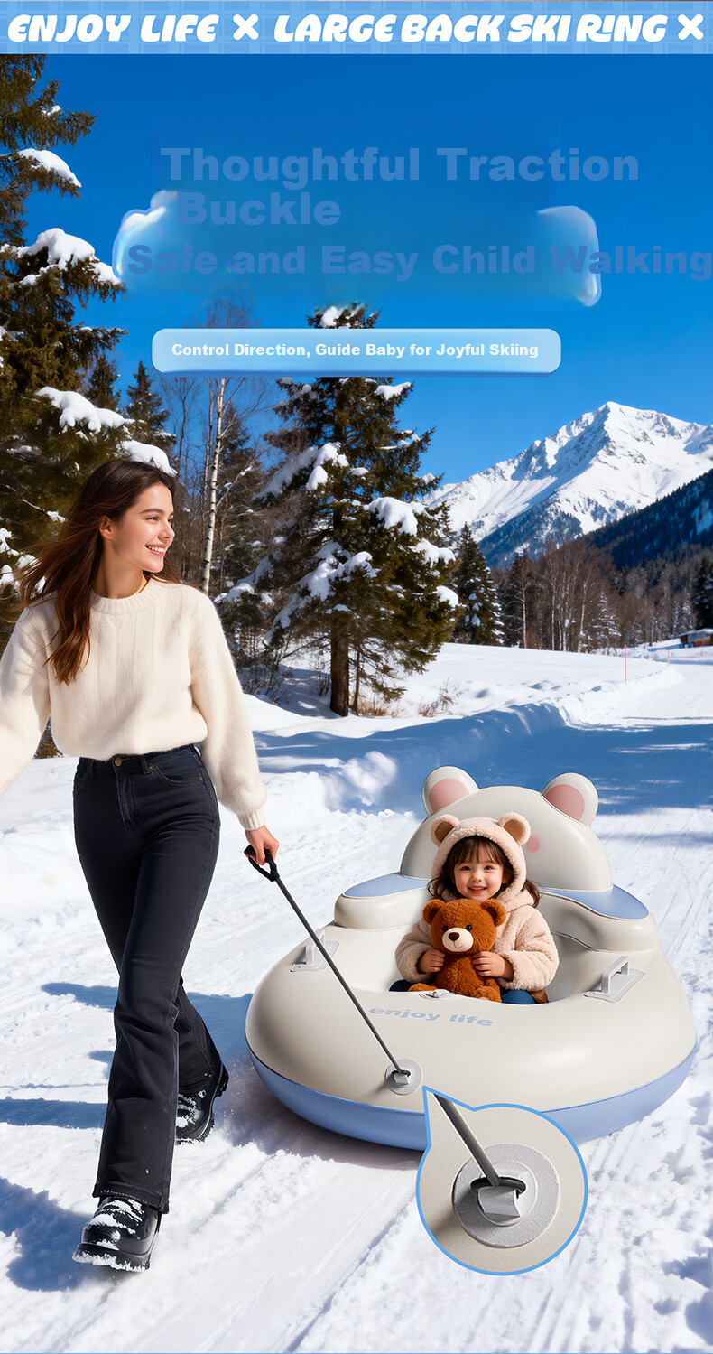 Adandyish Inflatable Snow Tube for Adults and Kids, Pressurized Snow Sled, Snowboard, Grass Sled Seat with Pull Rope, Cloud Milk Bear Design 7