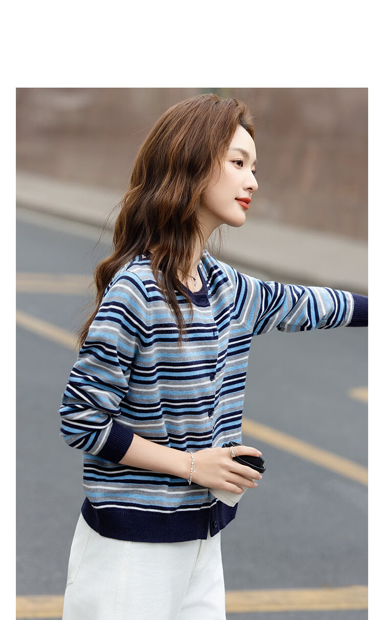 Demana Vintage Overture Autumn College Style Crew Neck Striped Colorblock Slimming Knit Cardigan for Women High-End Feel 9