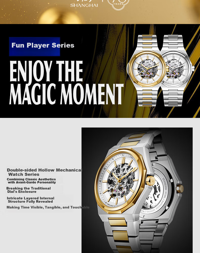 SHANGHAI Men's Automatic Mechanical Watch National Series Skeleton Luminous Wristwatch S8008 White Dial 2