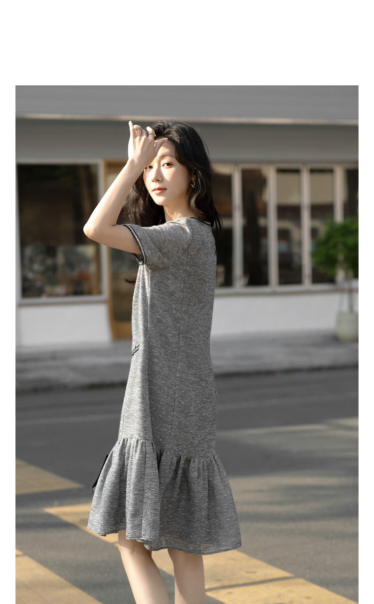 Demana Urban Socialite Summer Tweed V-Neck Fake Pocket Ribbon Slimming Concealing Dress for Women Premium 14