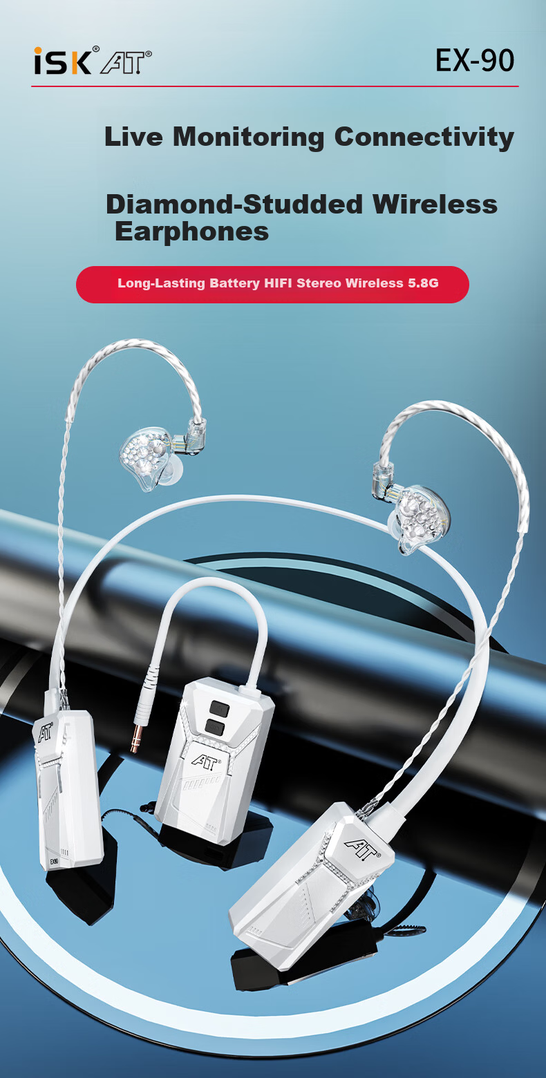 ISK EX-90 Wireless Monitoring Earphones Professional In-Ear Earbuds for Mobile K-Singing HIFI Stereo Host Live Streaming Gaming Recording Sound Card with Diamond Inlay One-to-Two Connection 2