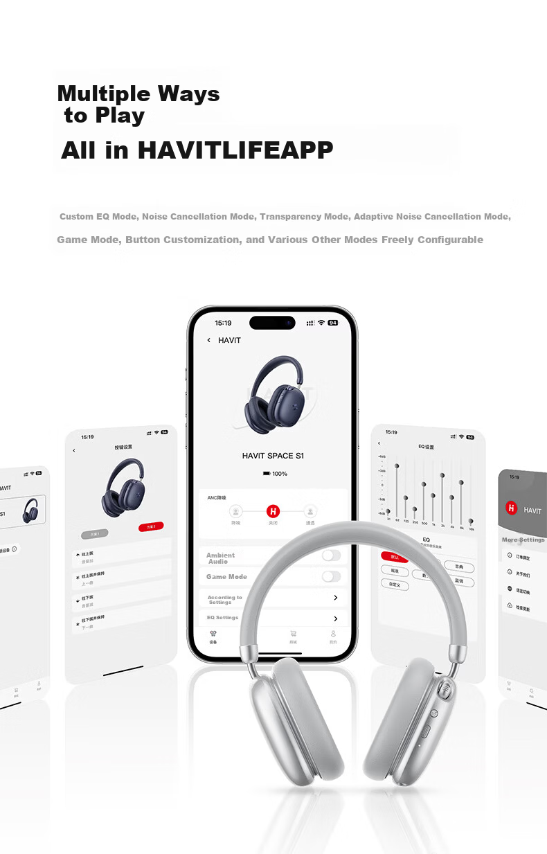 Havit Over-Ear Bluetooth Headphones ANC Active Noise Cancellation Deep Bass Wireless Headset Long Battery Life for Computer Online Classes Gaming Sports Compatible with Apple Huawei Xiaomi H668BT Black 26