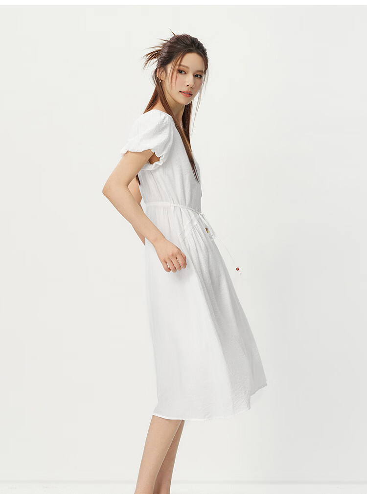 Semir Women's Summer Dress Puff Sleeve Waist-Defined Textured Long Dress 2026 Elegant Vacation Style White Dress 109326114033 12