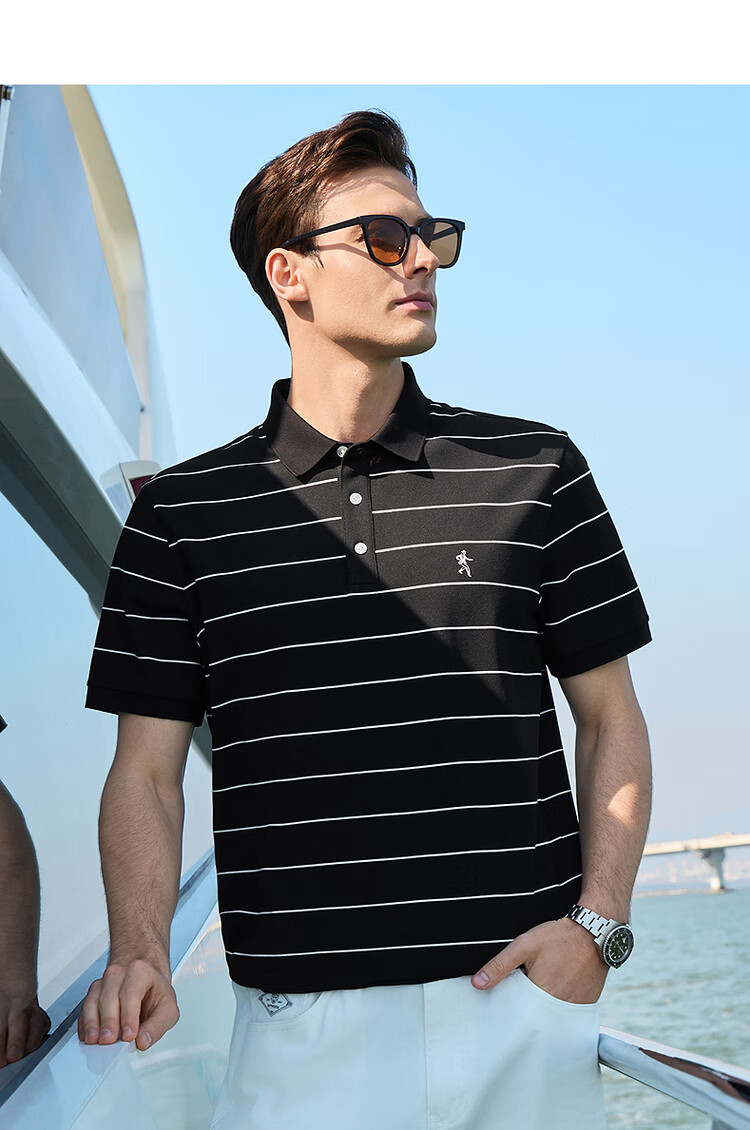 DANCING WOLVES Instant Cooling Mulberry Silk Smooth Striped Short Sleeve Polo Shirt Men's Casual Top 001 Black M 19