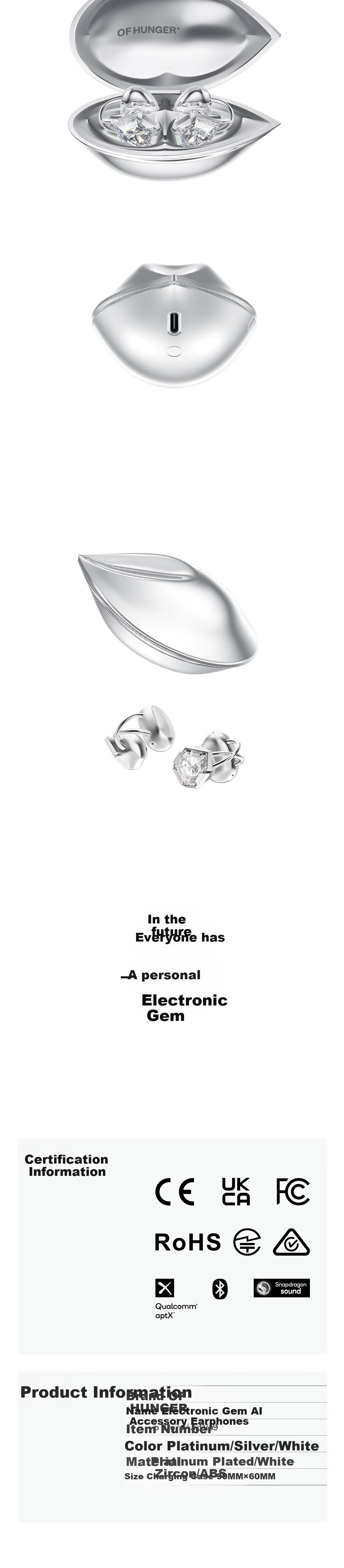 OF HUNGER Limited Edition White Zircon Electronic Gem AI Accessory Earphones Birthday Gift for Girlfriend 8