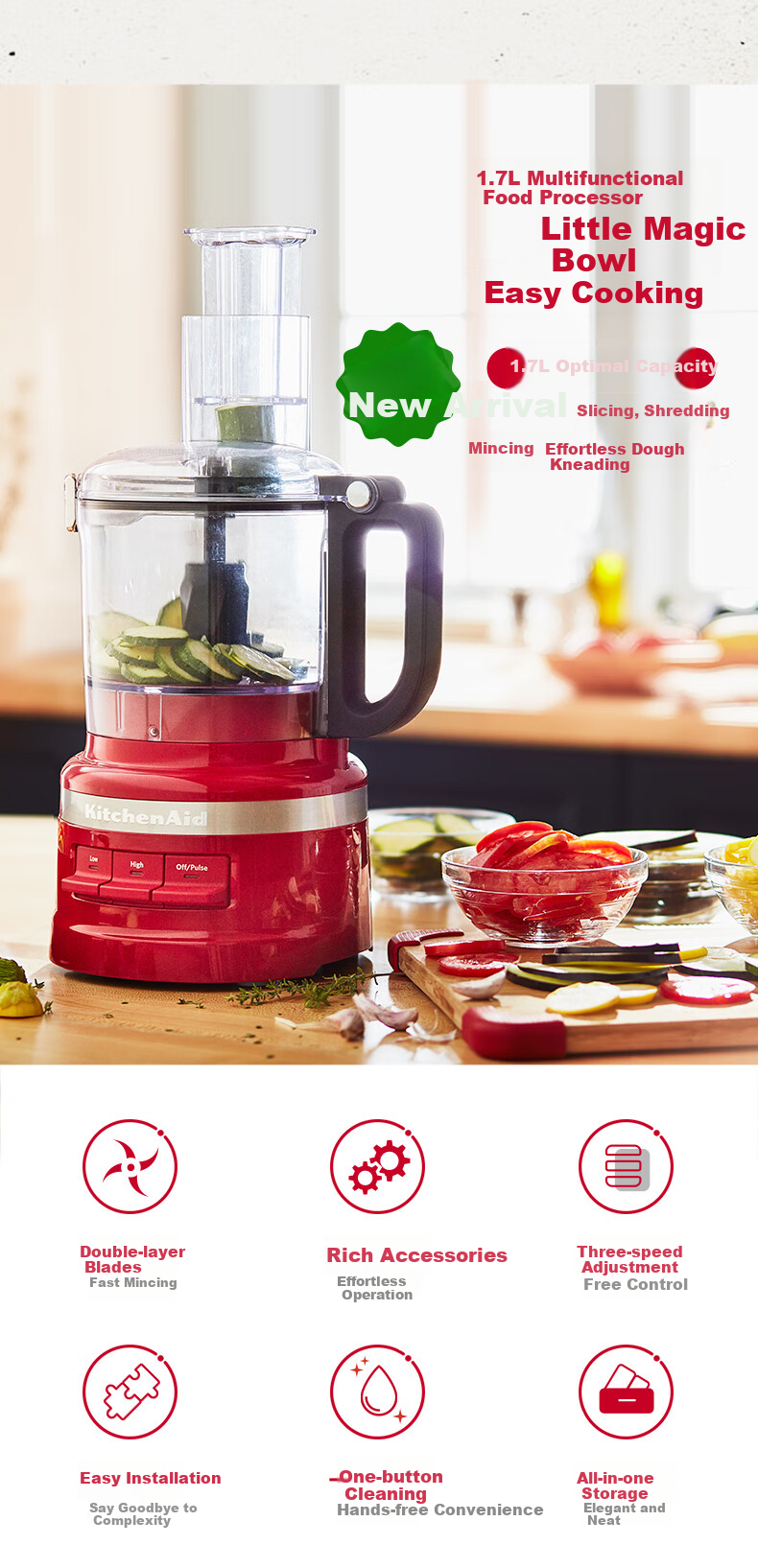 KitchenAid 1.7L Food Processor Meat Grinder Vegetable Cutter Dough Kneader Multifunctional 5KFP0720CPA Passion Red 2