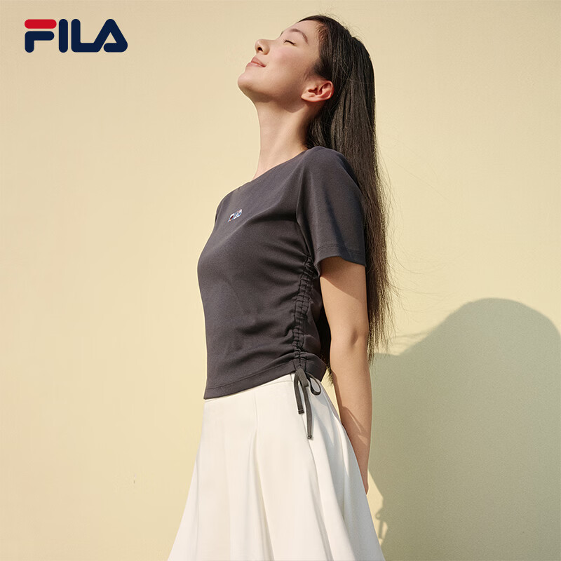 FILA Yang Mi Same Style Knitted Short Sleeve Shirt Women 2026 Summer Side Drawstring Fashion Casual Embroidered Logo Slim T-Shirt