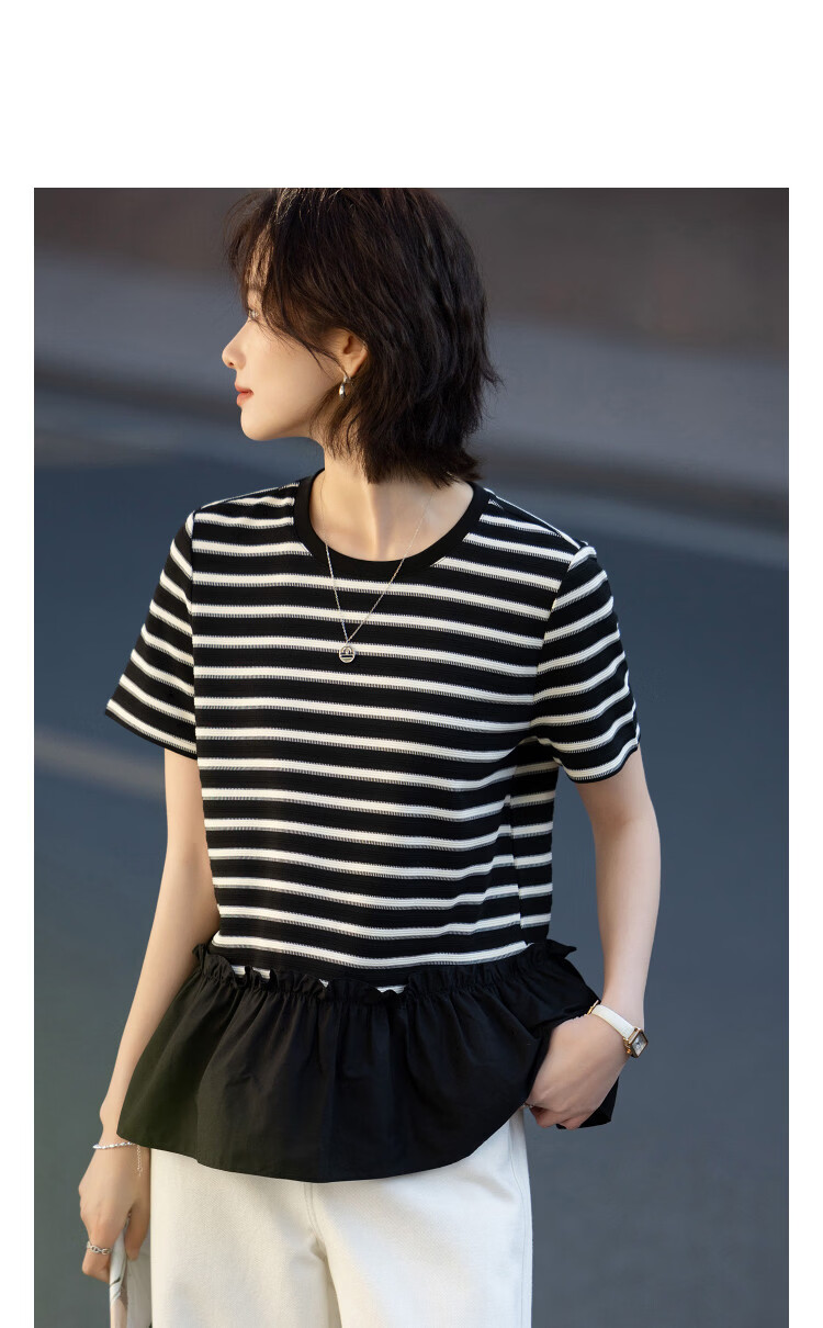 Demana Black and White World Summer Retro Striped Colorblock Slim Fit Crew Neck Short Sleeve T-Shirt for Petite Women Premium Quality 11
