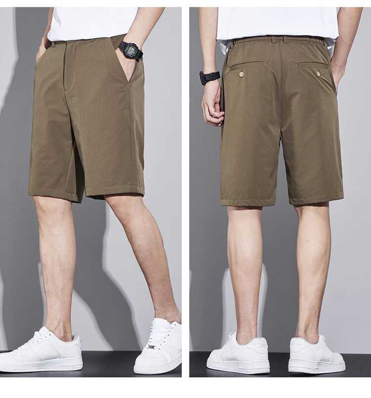 ROMON Men's Ice Silk Summer Lightweight Business Casual Five-Point Straight-Leg Suit Shorts Khaki M 13