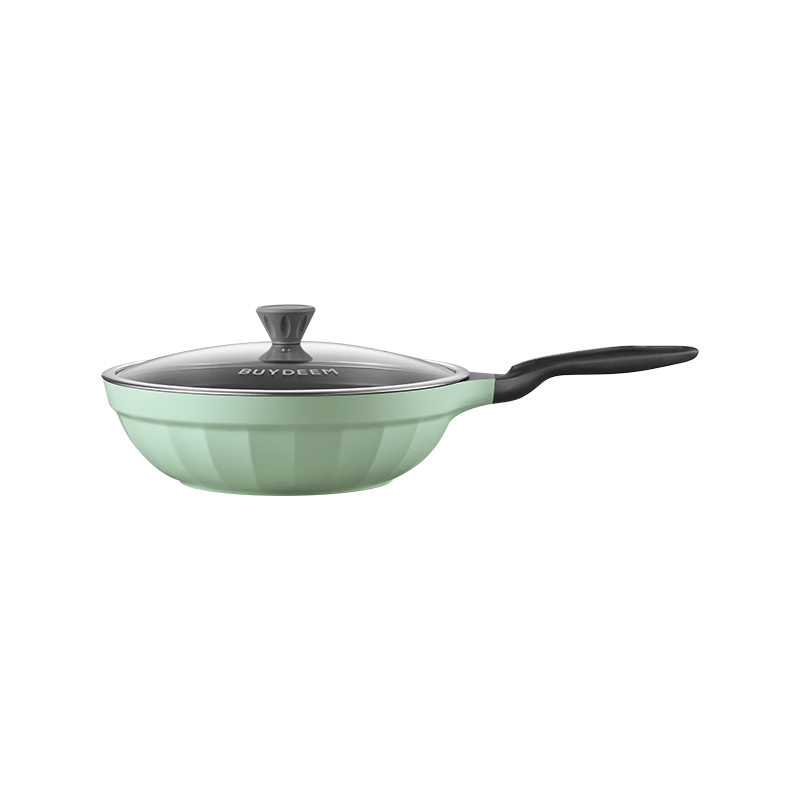 Buydeem 32cm Non-Stick Frying Pan Skillet Light Smoke Oil-Gathering Shallow Green Induction and Gas Stove Compatible