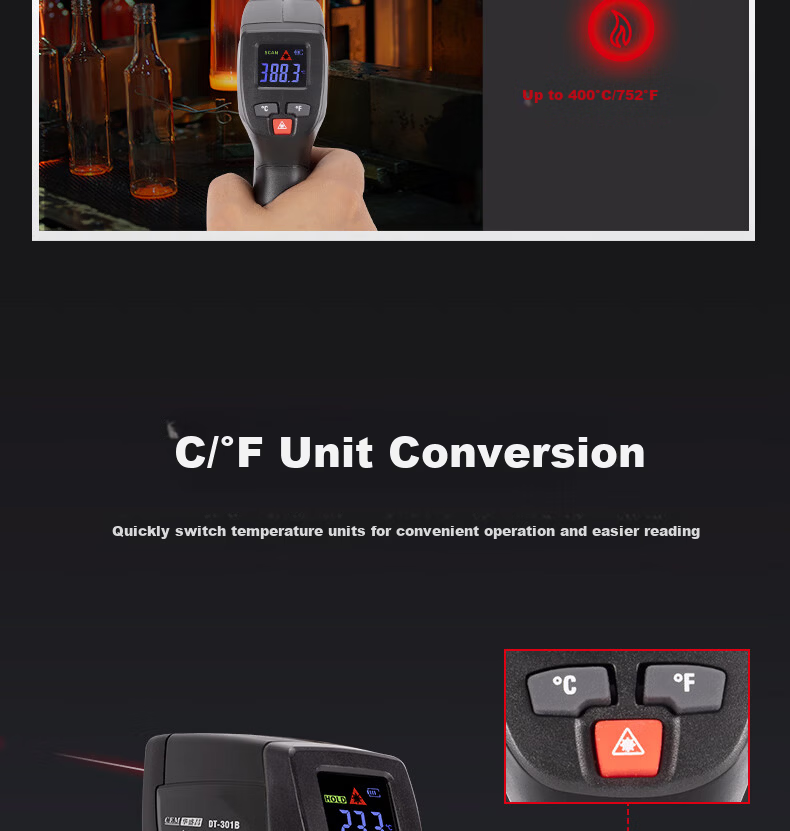 CEM DT-301A Laser Infrared Thermometer Professional High-Precision Industrial Non-Contact High-Temperature Temperature Gun Food Thermometer Kitchen Baking Water Temperature Detector 7