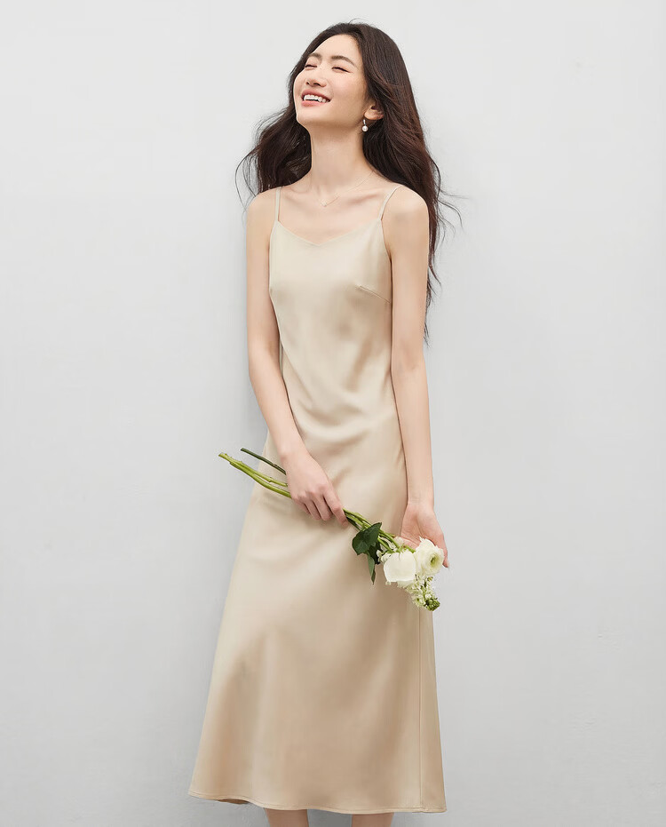 Sentubila Summer Elegant V-Neck Office Camisole Dress, High-End Glossy Sexy Pure Desire Style Mini Dress, Champagne Color, Size L 12