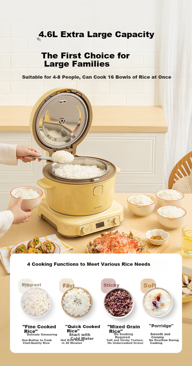 Buydeem R551 Rice Cooker 4-8 People Large Capacity Multifunctional IH Frequency Conversion Heating Non-Stick Inner Pot Porridge and Rice Cooker with Reservation and Keep Warm Function Light Cedar Gree 7