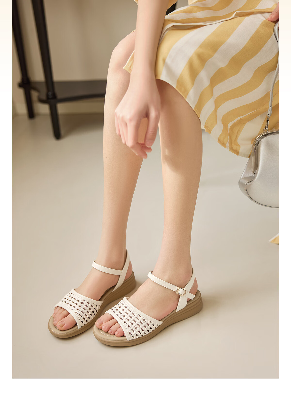 Eierkang Women's Summer Hollow Wedge Mary Jane Sandals Single Strap Middle-aged and Elderly Mom Shoes 49795W Off-white Size 36 7