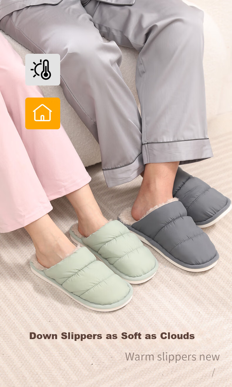 FOOTOPPO Women's Waterproof Down Cotton Slippers, Men's Simple Non-Slip Thick-Soled Warm Fleece Home Slippers for Winter 2