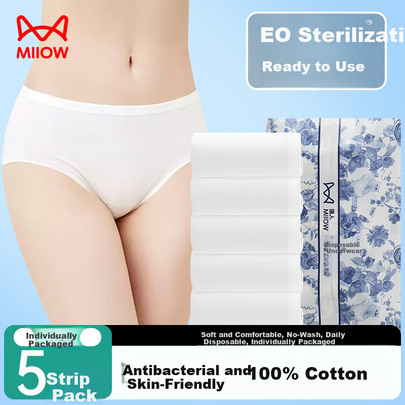 MiiOW Disposable Women's Underwear 100% Cotton Daily Sterilized No-Wash Maternity Menstrual Travel 5-Pack