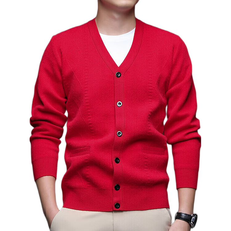 Hengyuanxiang Men's Knitted Cardigan Jacket Autumn Winter Middle-aged Solid Color Long Sleeve V-neck Button Sweater Red 4XL