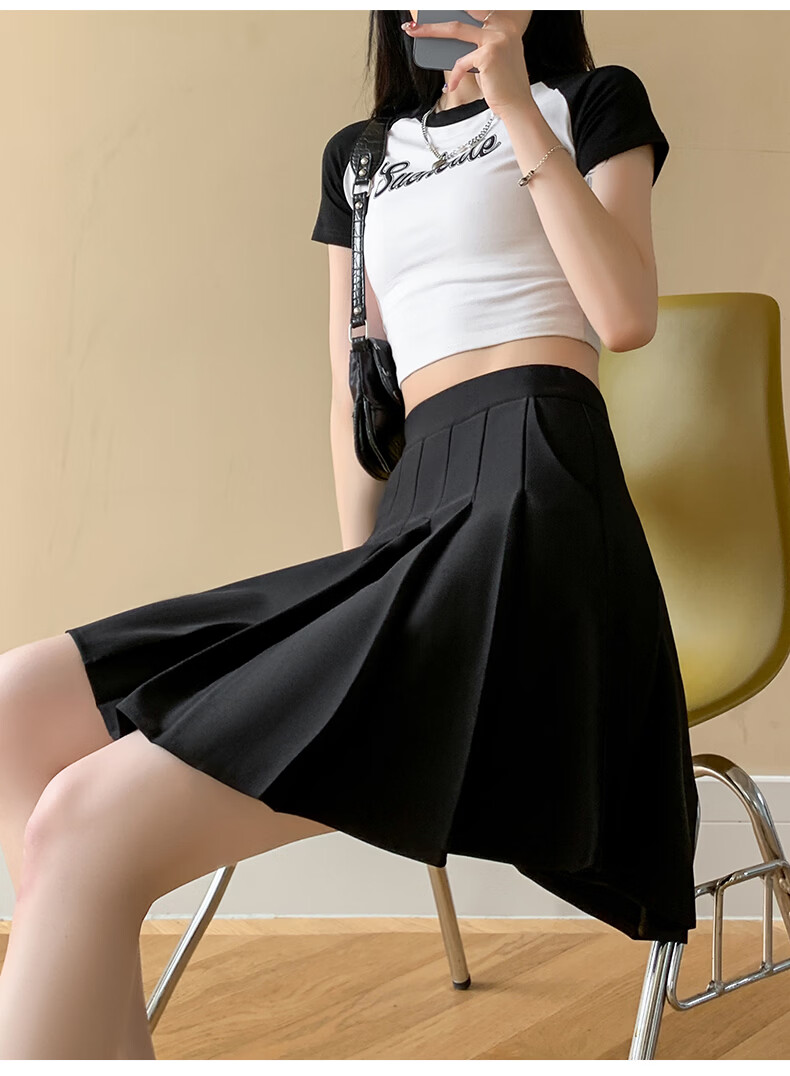 Langsha Pleated Half Skirt for Women Spring Summer Elastic Waist High Waist Slimming JK School Style A-Line Short Skirt with Pockets 24