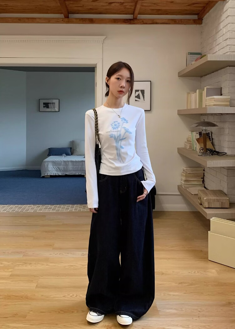 ICH MODE Floral Print Short Sleeve T-Shirt Women Spring Autumn New Korean Style Beautiful Shoulder Tee Navy Blue S 29