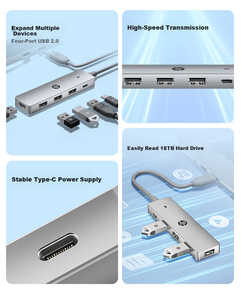HP CT110X USB 5-Port Multi-Interface Hub Dock High-Speed Splitter Extension Cable Silver 2