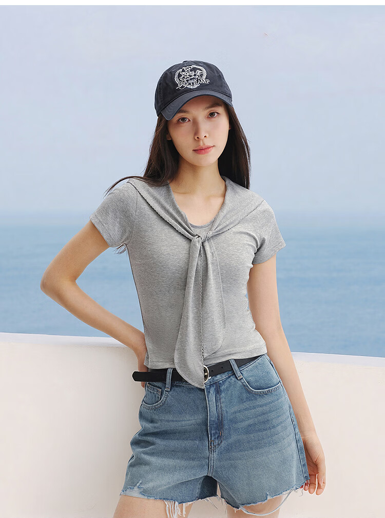 Semir Women's Summer Short Sleeve T-Shirt 2026 Lace Shoulder Shawl Collar Fake Two-Piece Slim Top 109326100024 18
