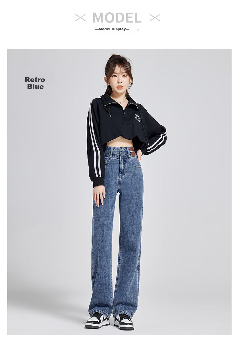 ROMON [American Casual Style] Women's Jeans, Summer High-Waist Versatile Loose Wide-Leg Slimming Straight Pants, Vintage Blue, Size M 7