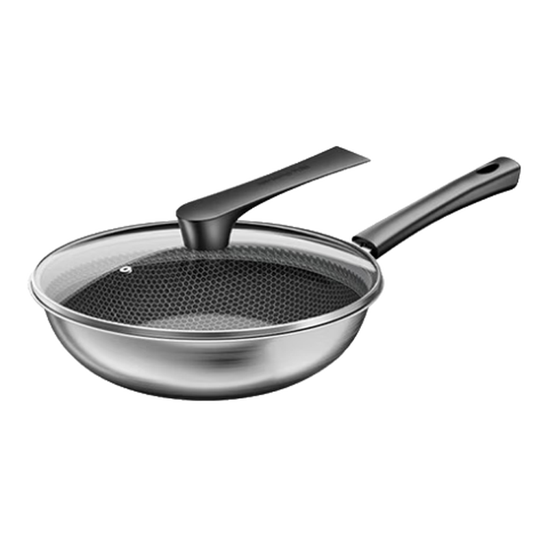 Joyoung Non-Stick Wok, 304 Stainless Steel Honeycomb Wear-Resistant Flat-Bottom Frying Pan, Suitable for Stove And Cooktop, 30cm, Visible Lid