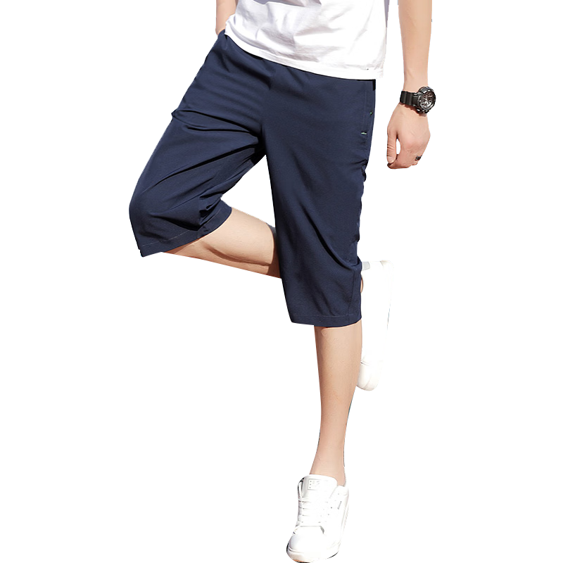 ROMON Men's Sports Shorts Summer Loose Solid Color Seven-Point Pants Simple Thin Breathable Ice Silk Beach Shorts Dark Blue 2XL